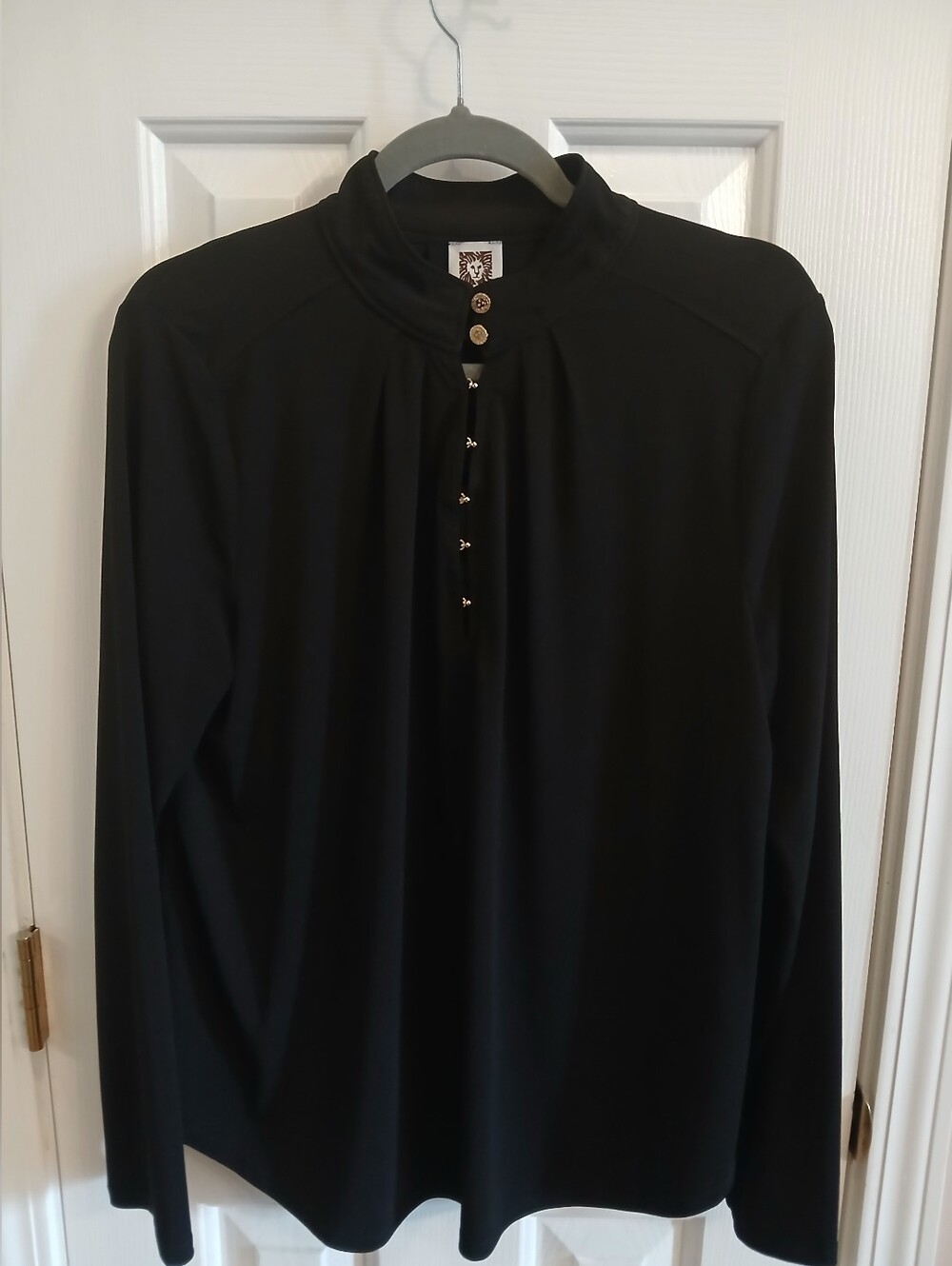 Anne Klein Black Long-Sleeve Henley Top with Button Placket